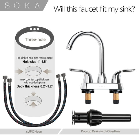 Two Handle Centerset Bathroom Faucet With High Arc Stainless Steel Spout Deck Plate And Pop Up Drain For 3 Hole Install Chrome Finish