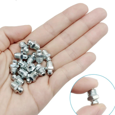 Hand holding 25 Pcs M8 Straight Hydraulic Grease Fitting Kit 8mm X 1mm Male Thread Zerk Nipple for equipment maintenance