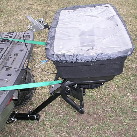 Hitch Mount Grass Seed Spreader With Rain Protector For ATV UTV Or Utility Tractor 12 Foot Broadcast Width, attached to ATV