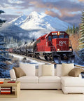 Self Adhesive Train Wall Mural With Steam Locomotive Design in snowy mountains behind living room sofa, 118 In X 82.7 In size