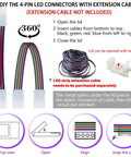 DIY guide for L Shape 4 Pin LED Strip Connectors With Adjustable Angles From 90 To 180 Degrees For 10mm Wide 5050 RGB LED Tape Lights Pack Of 10 No Fuss Setup Ideal For Under Cabinet Highlighting And Accent Lighting On 5050 RGB Strips showing extension cable connection steps.