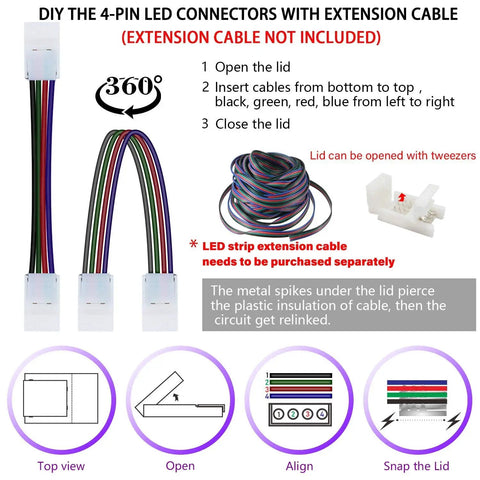 DIY guide for L Shape 4 Pin LED Strip Connectors With Adjustable Angles From 90 To 180 Degrees For 10mm Wide 5050 RGB LED Tape Lights Pack Of 10 No Fuss Setup Ideal For Under Cabinet Highlighting And Accent Lighting On 5050 RGB Strips showing extension cable connection steps.
