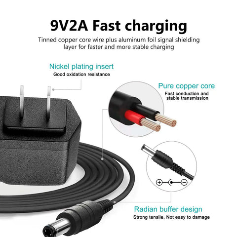 Versatile 9V AC DC Power Supply Adapter with nickel plating and copper core features for guitar effects pedals and pedalboards