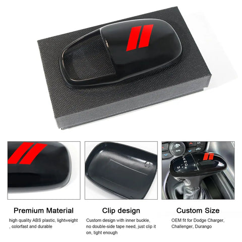 Gear Shift Knob Head Cover for Dodge Charger Challenger Durango ABS Interior Shell Insert Decoration Protector with Red Trim Easy Snap On Install No Tape Custom Fit Car Accessory Upgrade displayed on packaging