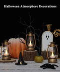 12-Pack Bronze Mini Lanterns With Remote Control, 5.1 Inch Tall Vintage Western Lanterns for Halloween table decor with pumpkins and ghost.