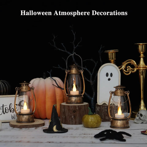 12-Pack Bronze Mini Lanterns With Remote Control, 5.1 Inch Tall Vintage Western Lanterns for Halloween table decor with pumpkins and ghost.