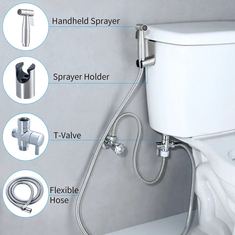 Handheld Bidet Sprayer For Toilet With Adjustable Water Pressure, Leak Proof Food Grade Stainless Steel Hose attached to toilet