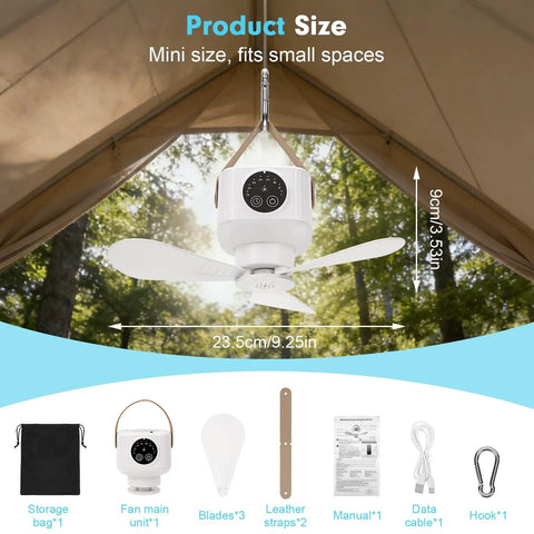 Portable Tent Fan With Built In Lights And Remote USB Rechargeable Camping Fan Wireless Tent Fan With 4 Speeds And Timer setup