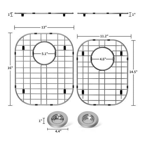Dimensions of Two Pack Stainless Steel Sink Grids For Kitchen Bottom Protection 13x16 And 11.2x14.5 with built-in strainers