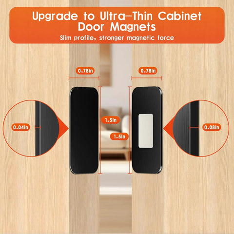 10 Pack Magnetic Cabinet Door Catch Set With Ultra Thin Stainless Steel Latch No Fuss Closure Double Sided Adhesive Mount Black Finish Slick Magnets For Durable Quiet Easy Installation dimensions illustrated on doors