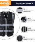 High Visibility Safety Vest With Six Front Pockets Two Mic Clip Holders And One D Ring Reflective Mesh For Breathable All Day Workwear ANSI ISEA Compliant Extra Large Black Vest Built For Pros On The Job showcasing details of reflective tape, tool buckle, heavy zipper, and mesh fabric.