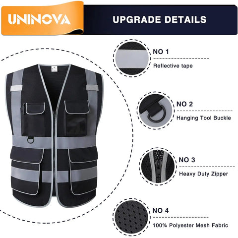 High Visibility Safety Vest With Six Front Pockets Two Mic Clip Holders And One D Ring Reflective Mesh For Breathable All Day Workwear ANSI ISEA Compliant Extra Large Black Vest Built For Pros On The Job showcasing details of reflective tape, tool buckle, heavy zipper, and mesh fabric.