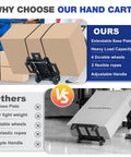 JMFOLD folding hand truck dolly, black steel, front view carrying a large cardboard box