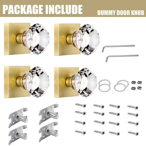 Crystal Glass Dummy Door Knob Set With Satin Brass Finish Non Turning Interior Knobs For Bifold Closets And Hall Doors Diamond Square Crystal Knobs Decorative 4 Pack Upgrade, with screws and components included.