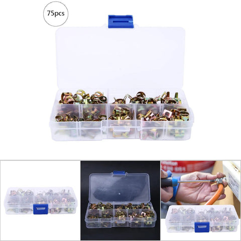 75 Piece Spring Hose Clamp Kit With Zinc Plated Steel For Quick Fixes And Secure Pipes Hoses Glass Acrylic Filter Buckets in clear box