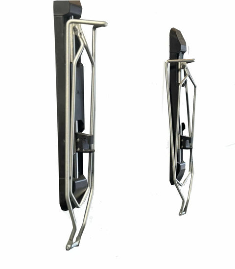 Swivel Wall Mount Bike Rack For Indoor Storage With Space Saving Design And Swivel Arms No Fuss Easy Roll In Access For Home Garage And Bike Park Fits Road Bikes Up To Two Point One Inch Tire Width, side view showing steel frame and wall attachment.