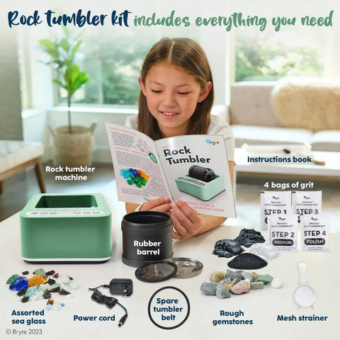 Girl with Rock Tumbler And Tumbling Machine Mint Green 3 Speed Direct Drive With 9 Day Timer And Quiet Cooling Motor Indoor Polisher Kit
