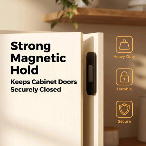 Ultra Thin Cabinet Door Catch 5 Pack With No More Loud Slams Silent Closure Self Adhesive Drawer Magnets installed on door