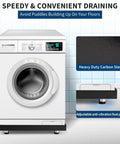 Image showing a front-load washer with Heavy Duty Carbon Steel Washing Machine Drip Tray With Four Anti Vibration Feet 24 By 24 Inch No Hole Floor Protector For Front Load Washers And Spin Dryers Keeps Floors Safe And Mess Free.