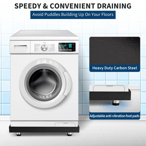Image showing a front-load washer with Heavy Duty Carbon Steel Washing Machine Drip Tray With Four Anti Vibration Feet 24 By 24 Inch No Hole Floor Protector For Front Load Washers And Spin Dryers Keeps Floors Safe And Mess Free.