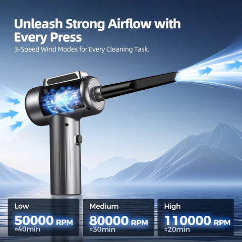Ultra Powerful Cordless Air Duster With LED Light And 110000 RPM, showing air blowing and speed settings display