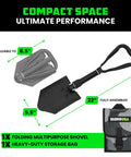 Folding Survival Shovel With Pick And Hoe 3 In 1, folded to 8.5 inches, extended to 22 inches, includes heavy-duty storage bag.
