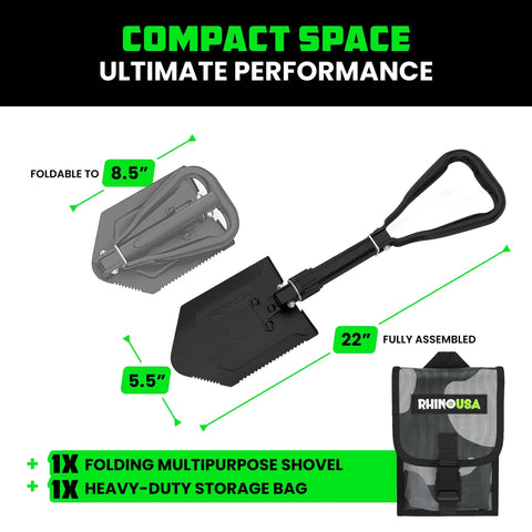 Folding Survival Shovel With Pick And Hoe 3 In 1, folded to 8.5 inches, extended to 22 inches, includes heavy-duty storage bag.