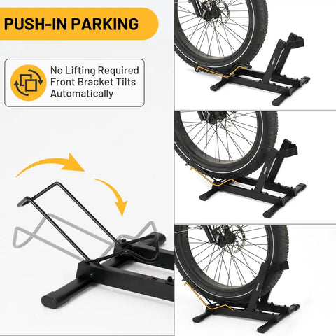 Rock Solid Indoor Bike Stand For 20 To 29 Inch E-Bikes, Road, Mountain And Fat Tire Bikes Up To 4.0 Inches, side view with wheel