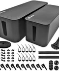Two Pack Cable Management Box Set With 148 Piece Organizer Kit Safe ABS Material Hides Power Strips Surge Protectors Cords TV And Computer Wires Child And Pet Safe Large Black shown with accessories.