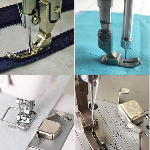 All In One 31 Piece Sewing Machine Spare Parts Kit With Presser Feet Bobbins Case Scissors Tweezers Magnetic Seam Guide For Most Industrial Single Needle Machines Compatible With Juki DDL 5550 Brother B737 Consew 230, presser feet close-up