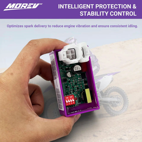 6 Pin DC CDI Ignition Module For GY6 Engines Dual Compatibility With 139QMB 157QMJ Scooters, hand holding module, DIP switch visible.