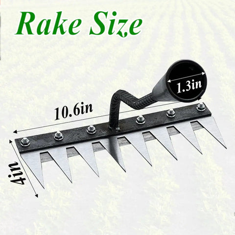 Upgrade Iron Weeding Rake 2.0 With Eight Teeth Manual Weeder showing dimensions, ergonomic handle, and carbon steel material.