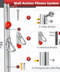 Adjustable Steel Resistance Band Wall Mount System With 40 Inch Vertical Glide, components: screws, stop screws, workout anchor.