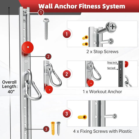 Adjustable Steel Resistance Band Wall Mount System With 40 Inch Vertical Glide, components: screws, stop screws, workout anchor.