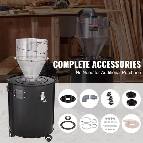 Cyclone Dust Separator With Metal Tank For Dust Collectors 4 Inch Retrofit Cyclone ABS Body and accessories in workshop