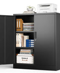 Locking Metal Storage Cabinet With Two Adjustable Shelves 36 Inch High open showing tools and documents