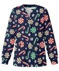Womens Christmas Print Long Sleeve Medical Scrub Jacket With Snap Front For Quick On Off And Full Mobility For Nurses On The Go Pediatric