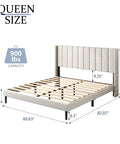 Built Heavy Duty Queen Bed Frame With Upholstered Wingback Linen Headboard Easy Assembly Platform Bed Wooden Slat Support No Box Spring Needed Rock Solid Bedroom Foundation Sand dimensions and design details