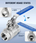 Two Pack Three Fourth Inch NPT Female Stainless Steel 304 Full Port Ball Valves Locking Handle Heavy Duty Shut Off in open closed states