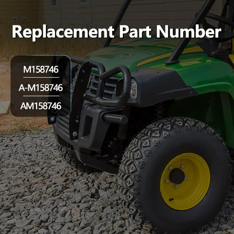 Replacement part numbers M158746, A-M158746, AM158746 displayed on John Deere Gator front.