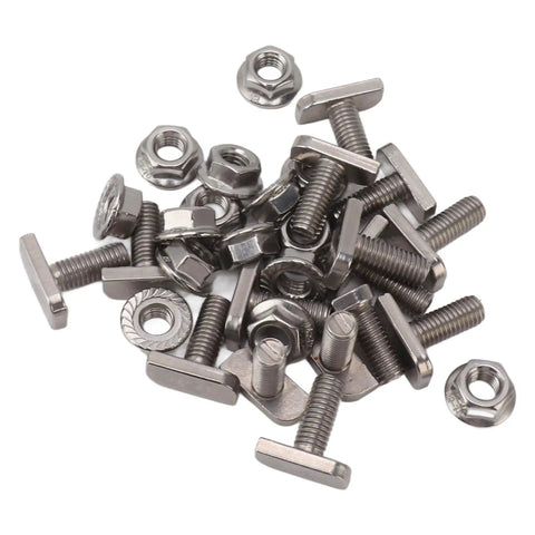 Heavy Hitter M8 X 20 Millimeter T Slot Drop In Hammer Head Stainless Steel Bolts With Ten Flange Nuts For Aluminum Tracks And Solar Rigs Built Tough For No Sweat Job Site Setup
