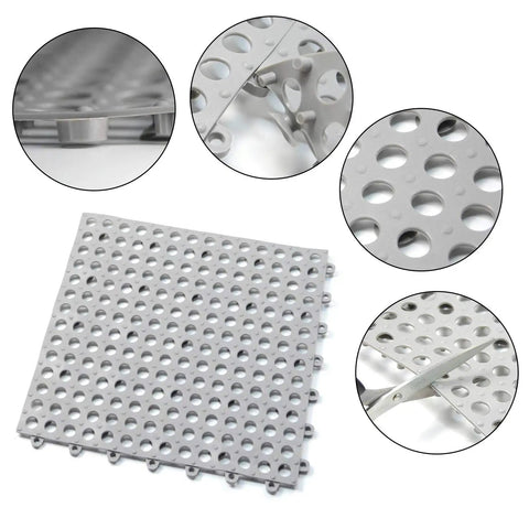 24 Pack Drainage Floor Mats With Interlocking Cushions, Non Slip PVC Mats, close-up of suction cup grip and interlocking design, grey