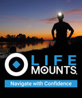 Silhouette wearing firefighter helmet light with 360 degree rotation side mount white LED hard hat light at dusk by a lake.