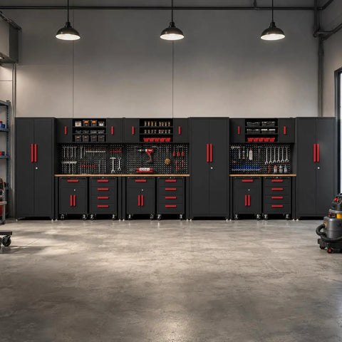 Top Shelf Heavy Duty Steel Garage Storage Cabinet System With Smooth Rolling Tool Chest And Secure Locking Drawers for organized workshop.