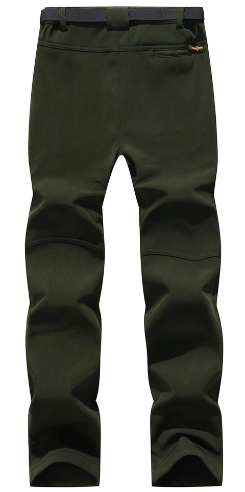 Back view of Men's Outdoor Snow Ski Pants Waterproof And Windproof Fleece Cargo Hiking Trousers With Zip Pockets in Army Green XS.