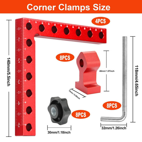 Pro Grade 4 Pack Right Angle Clamp Set For Woodworking, 5.5 Inch Aluminum Alloy Squares With Case, dimensions and components
