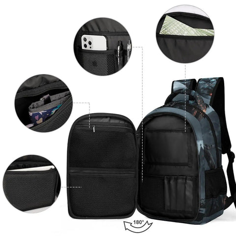 Open compartments of Dark Storm Castle Crow Printed Unisex Backpack With Large Capacity Durable Polyester Breathable Comfort Sturdy Zipper Ideal For School Travel And Everyday Use