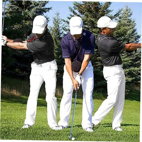 Golfers using Portable Inflatable Golf Swing Trainer Posture Aid For Beginners in various swing positions on grass