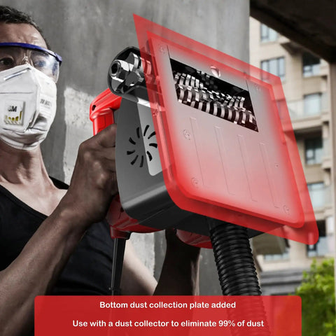 Close-up of Heavy Duty Electric Wall Planer To Kick Back Dust with dust collection feature and adjustable blade.