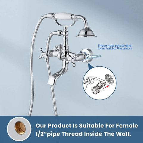 Wall Mount Bathtub Faucet With Telephone Handheld Sprayer Double Hot And Cold Mixer Cross Handles Old School Victorian Chrome Tub Filler For Clawfoot Tubs on blue background.
